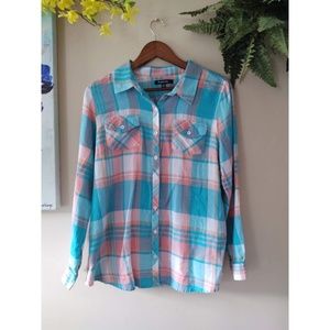 Relativity Beach Plaid Long Sleeve Button Down Top